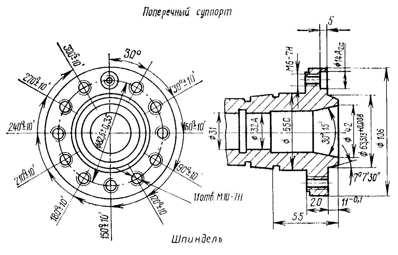 1Е316П Посадочні та приєднувальні бази токарно-револьверного верстата 1Е316П.  Інстументальна револьверна головка
